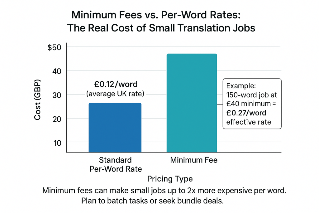 Simple bar chart of minimum fees vs. per-word rates.