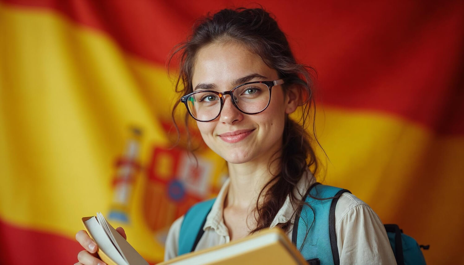 Spanish Translator holding a book with flag in the background - Certified Translation Services