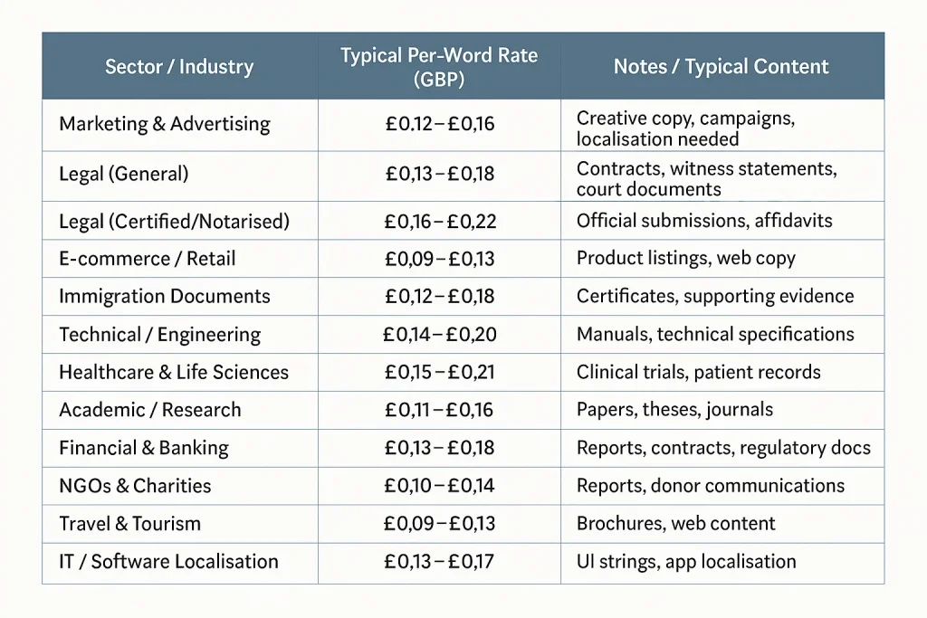 Table comparing average UK per-word rates by sector