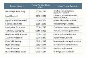 Table comparing average UK per-word rates by sector