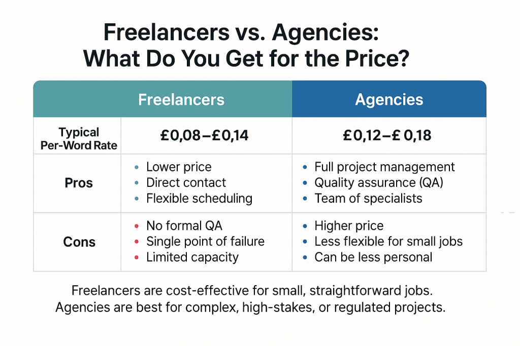 Table comparing pros and cons of agencies vs. freelancers