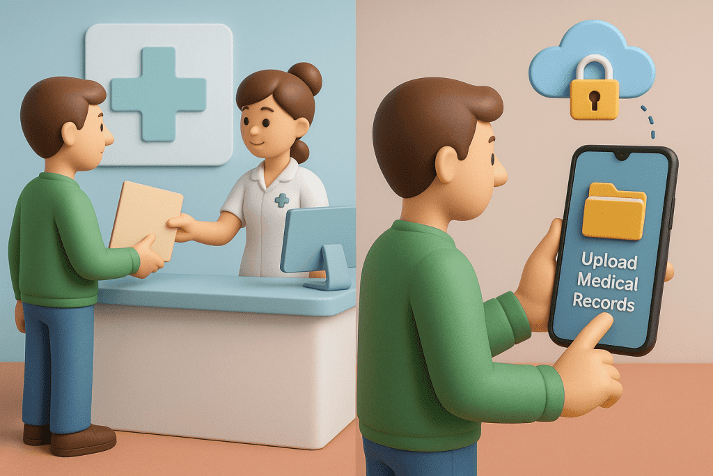 left side shows a stylised patient handing a paper file to a 3D receptionist; right side shows the same patient uploading digital medical records via a secure healthcare app on a smartphone.