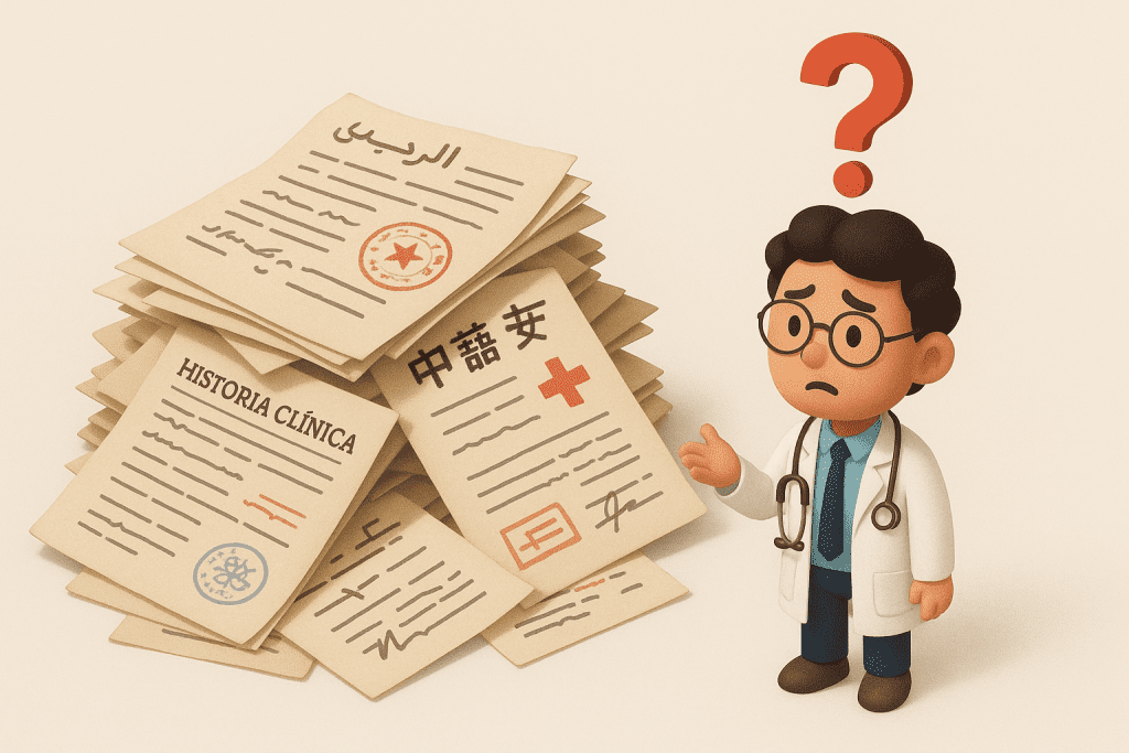 a pile of messy foreign medical records with handwritten text, stamps, and symbols in different languages