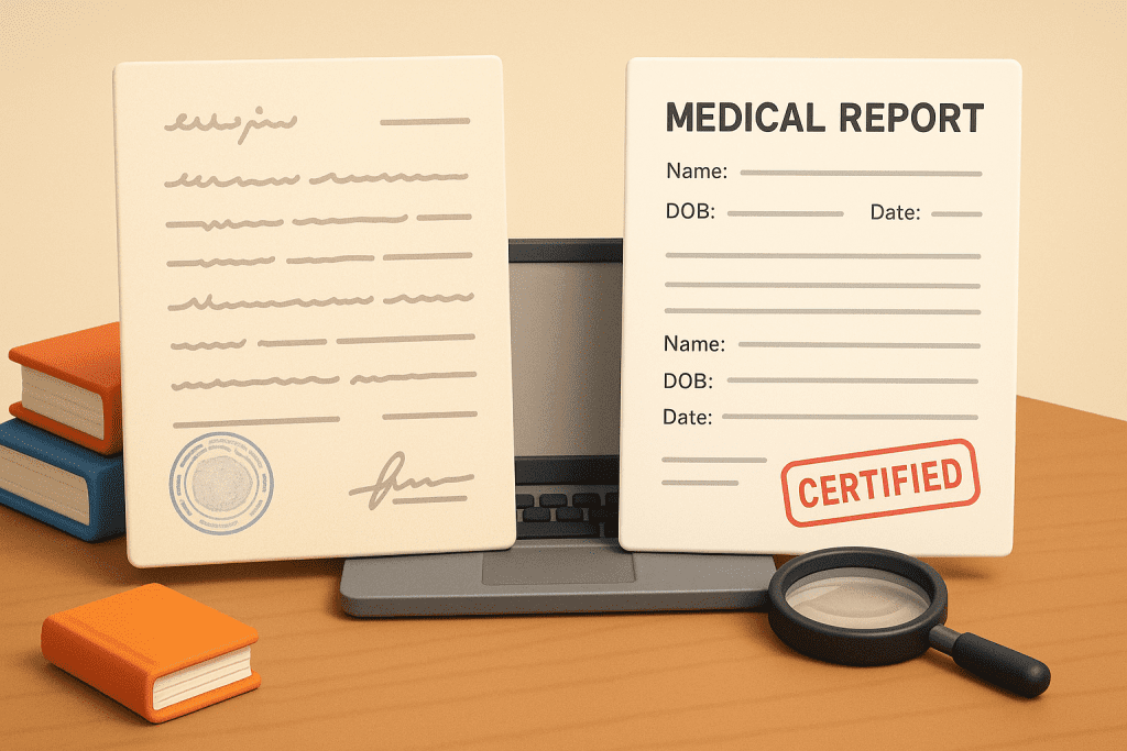 illustration of a translation process: on the left, a foreign-language medical report with faded stamps and handwritten notes; on the right, the same document neatly translated into English with a bold red ‘Certified’ stamp