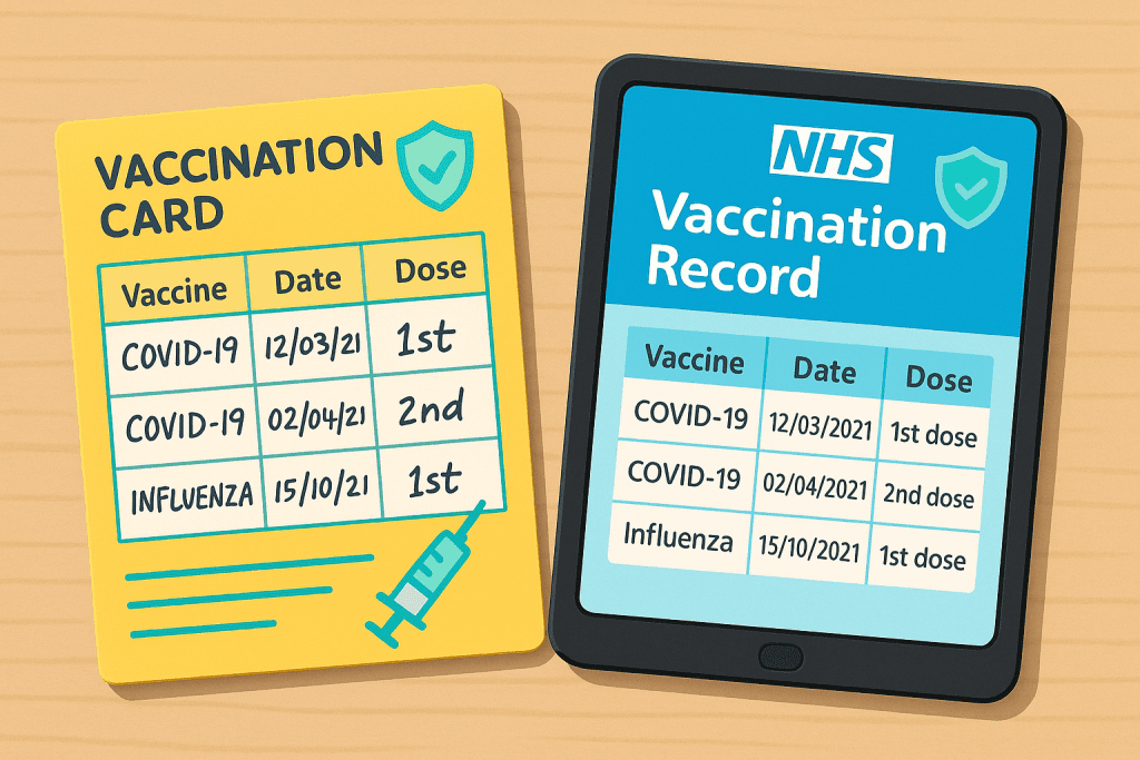 a foreign vaccination card with handwritten notes next to a digital NHS vaccination record displayed on a tablet. Both show vaccine names, dates, and doses