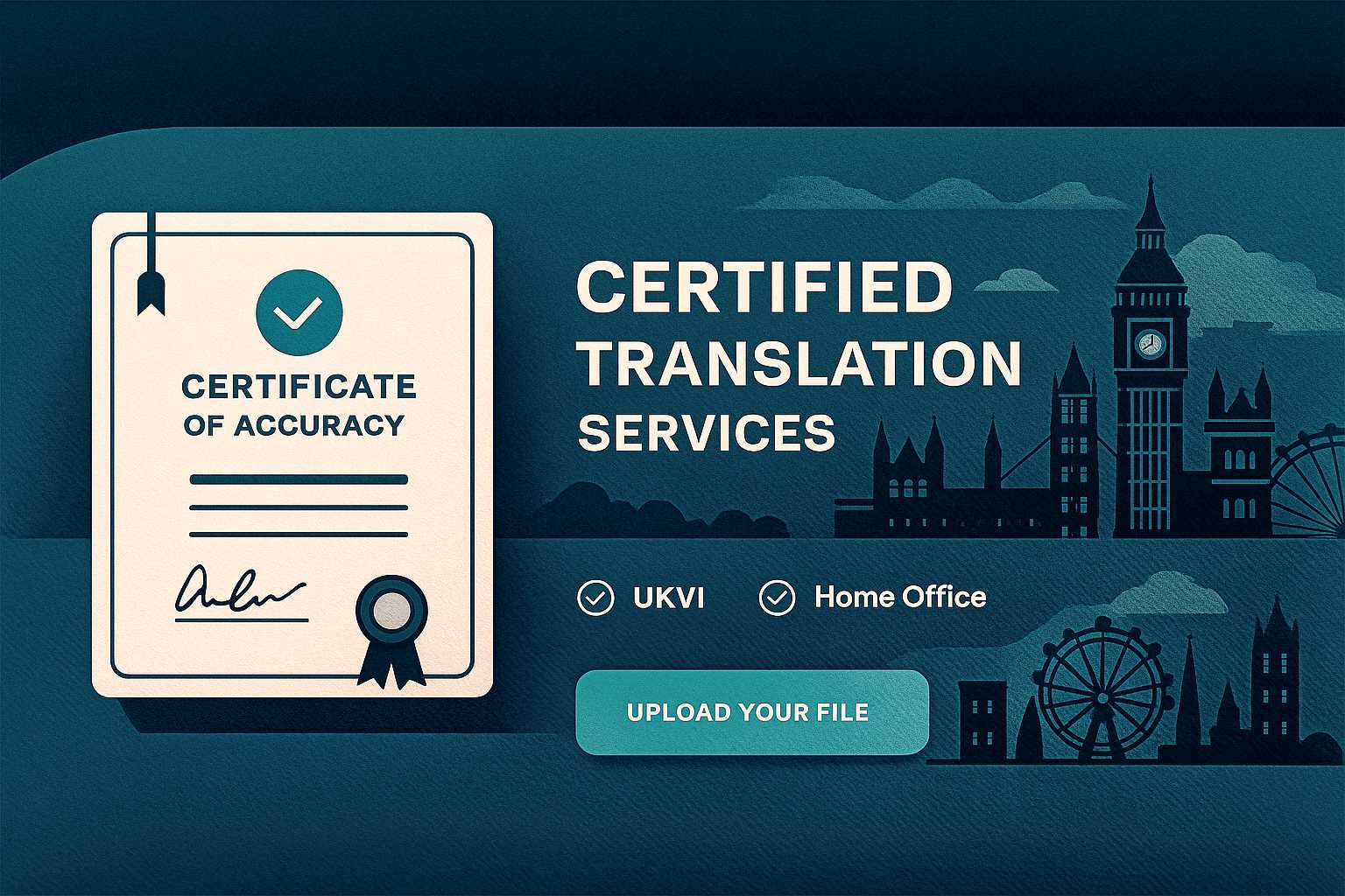 Certified translation certificate with London skyline and ‘Upload your file’ button — UKVI/Home Office compliant.