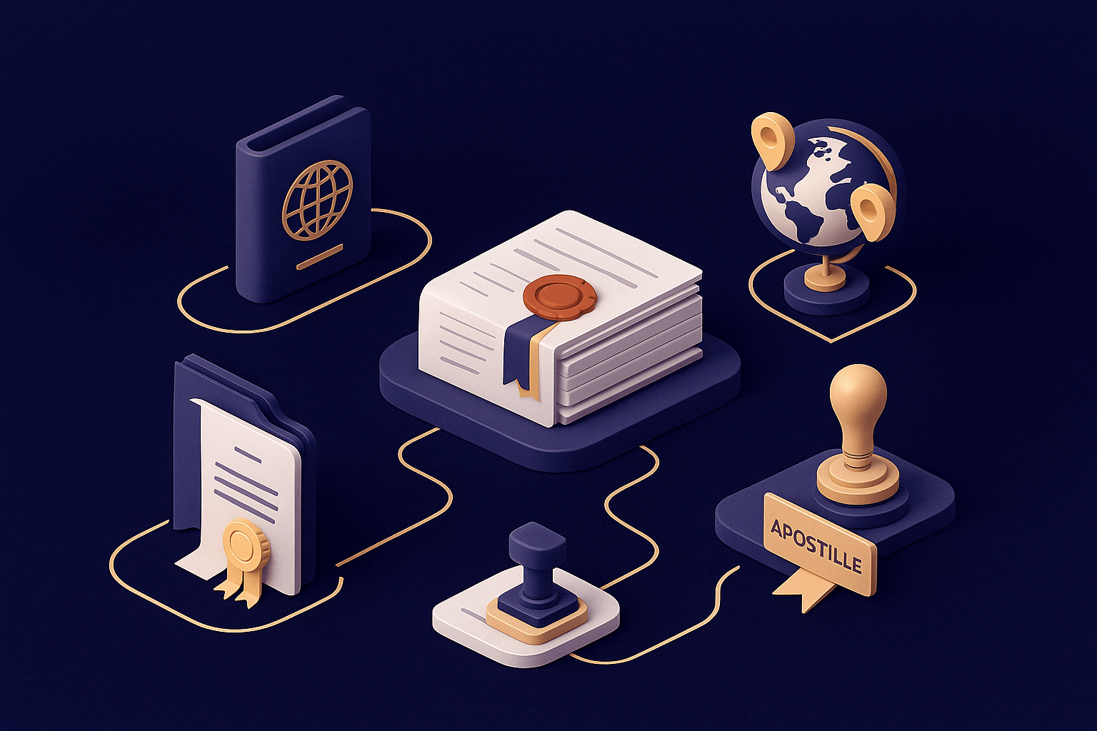 illustration showing a stack of certified documents with a wax seal, surrounded by icons of a globe, passport, stamp, and apostille sign, representing sworn translation and legalisation services