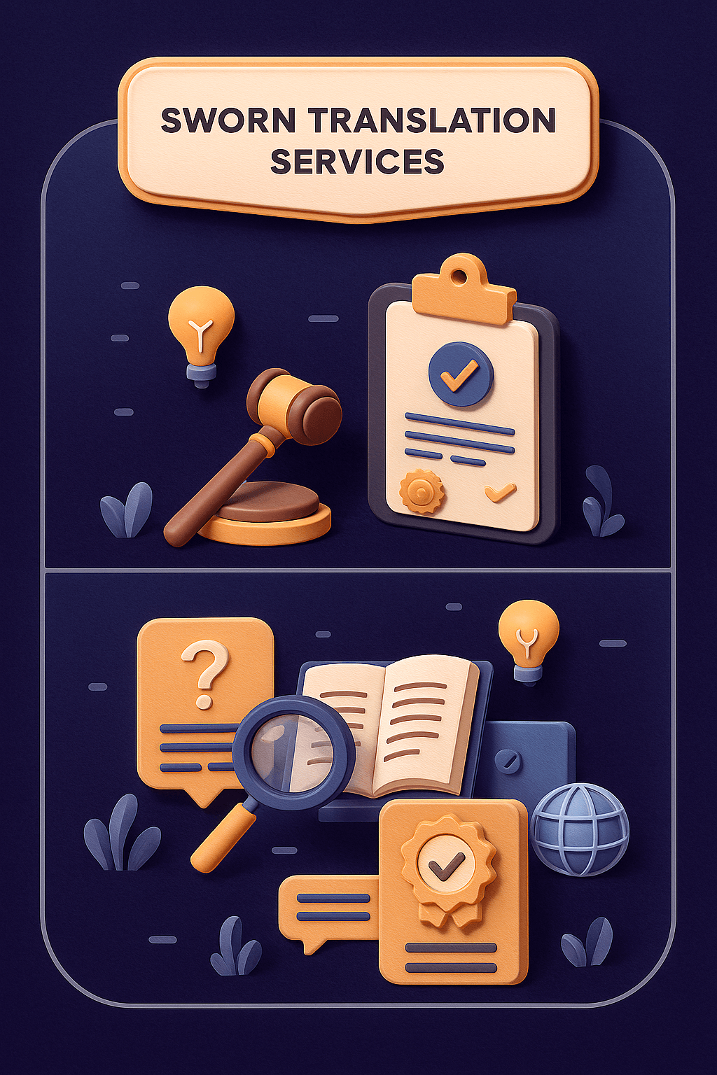 illustration titled ‘Sworn Translation Services’, displaying legal icons such as gavel, checklist, magnifying glass, certificate badge, and globe, symbolising translation accuracy, verification, and authority