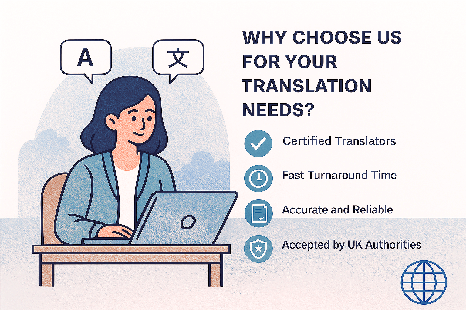 Translator at laptop with icons for certified translators, fast turnaround, accuracy and acceptance by UK authorities.
