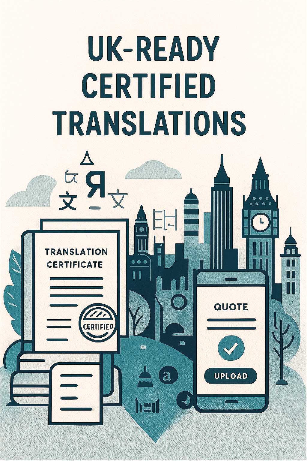 UK-ready certified translations — certificate graphic and mobile quote/upload beside London landmarks