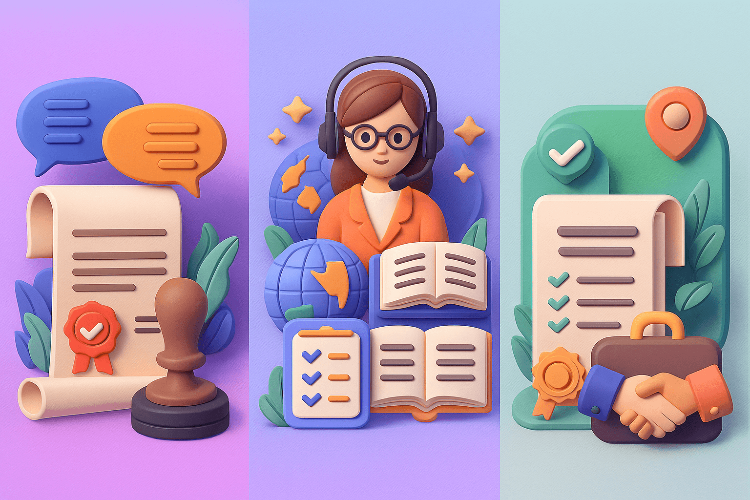 illustration depicting sworn translation elements — passport, birth certificate, gavel, notary seal, and document stack with ribbon