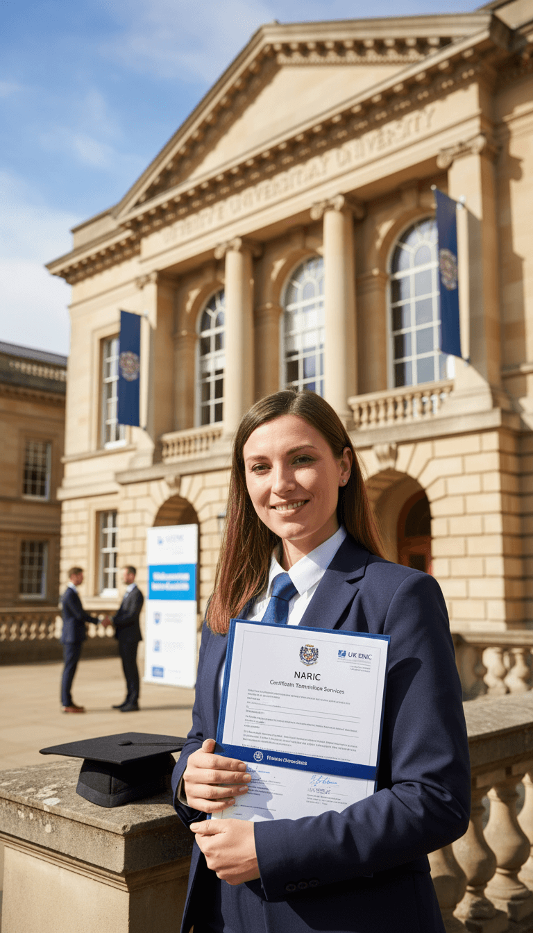 Graduate holding certified NARIC certificate translation accepted by UK ENIC in front of university