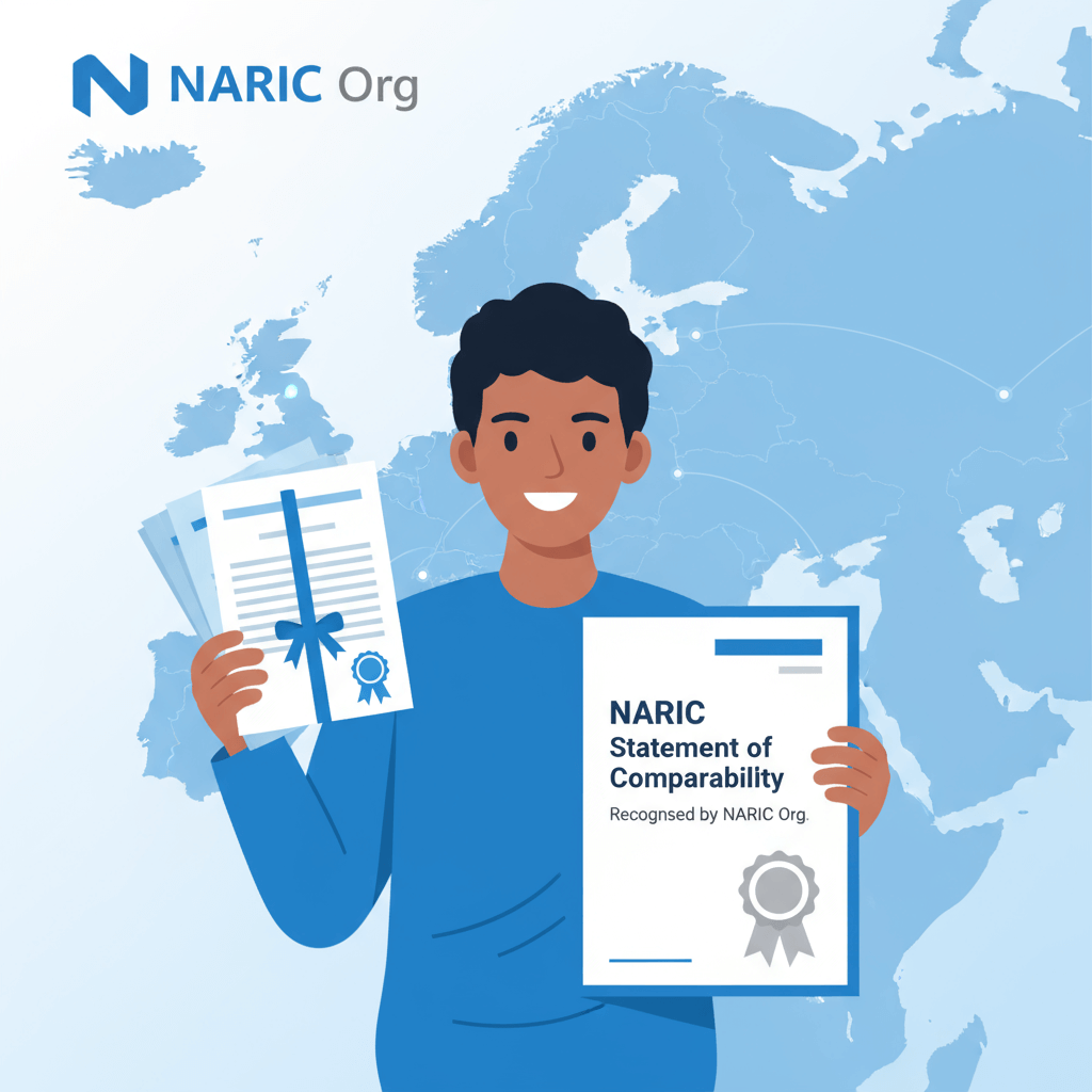 Illustration showing student with international degree and NARIC statement representing naric definition and qualification recognition