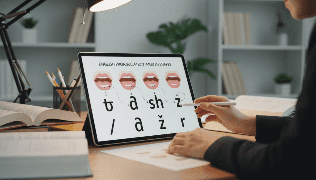 Linguist explaining pronunciation of hard words in English using visual mouth shape guides