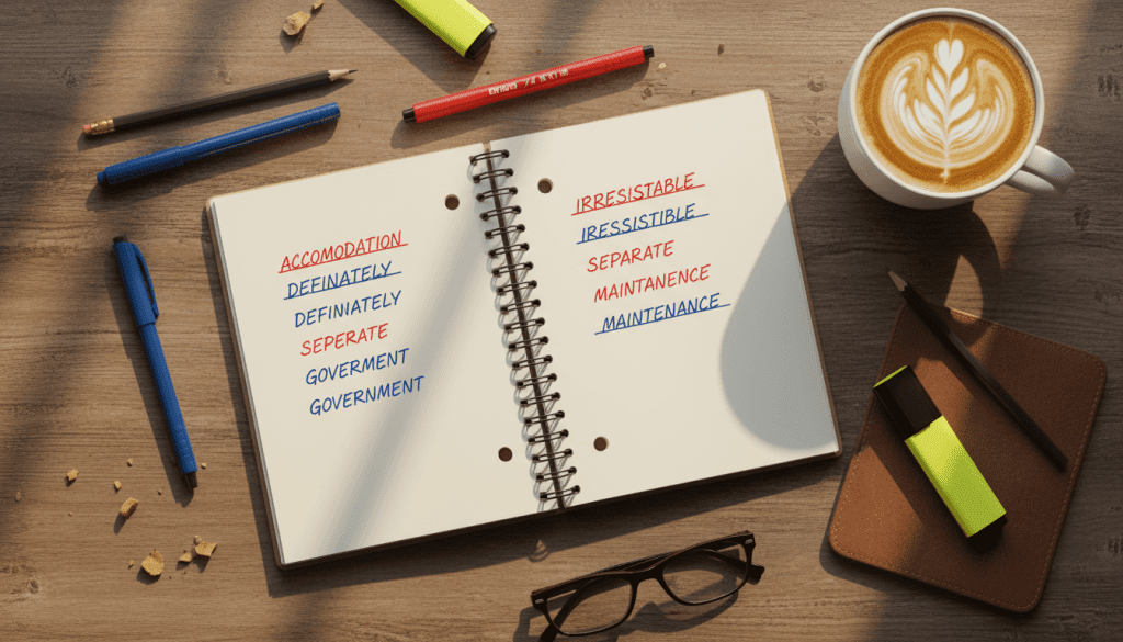 Notebook showing corrected spellings of common hard English words like accommodation and definitely