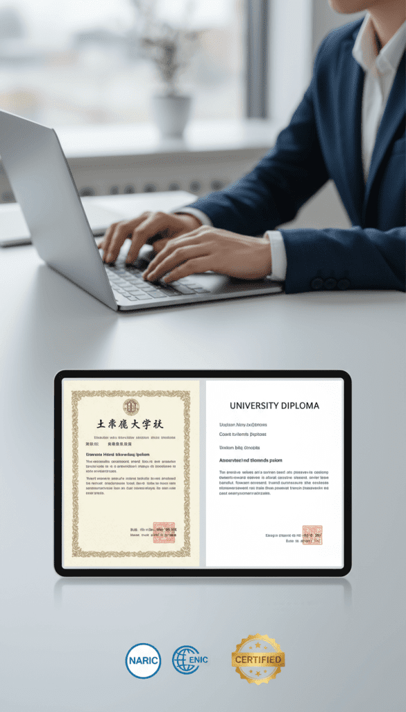 Professional translator preparing naric translation with diploma and english version side by side to illustrate meaning of naric