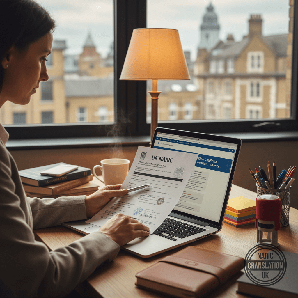 Professional translator reviewing diploma and transcript for NARIC certificate translation in the UK