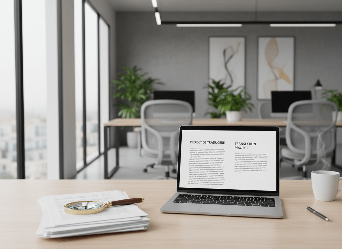 Un birou modern, lumină naturală, un laptop deschis cu un document bilingv română–engleză pe ecran